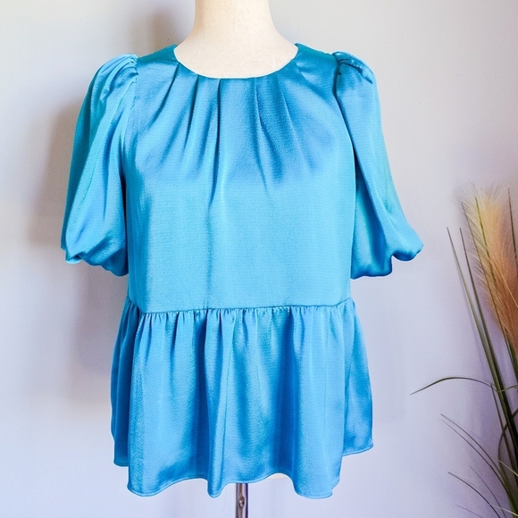 Lilly Pulitzer, Blakelynn Blue Rhapsody Puff Sleeve Satin Blouse Top, SZ Small 2 - Picture 2 of 12